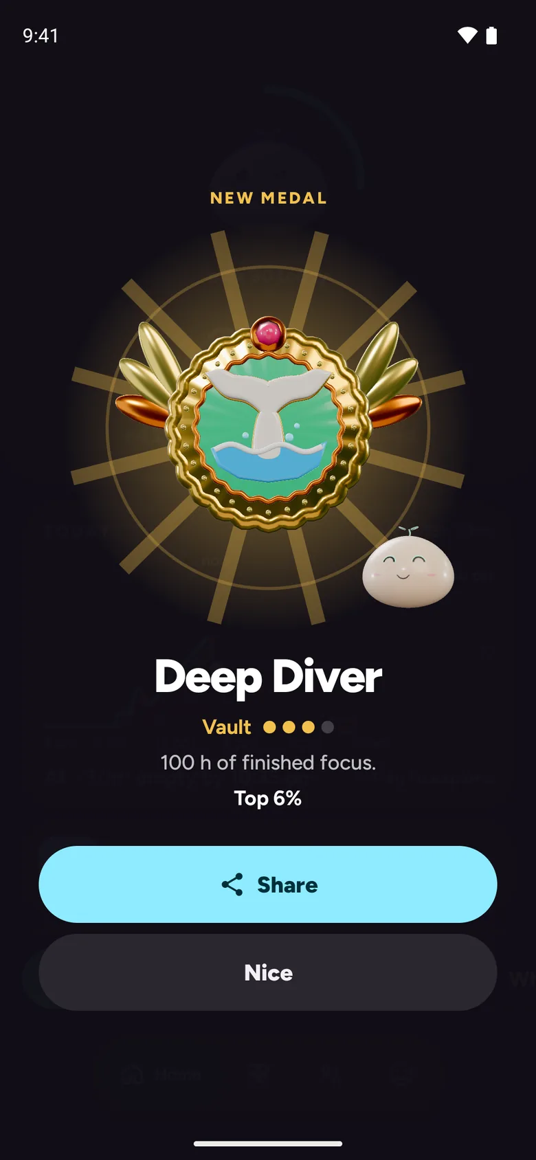 New medal: Deep Diver, Vault, 100 h of finished focus, top 6%. MOA flips.